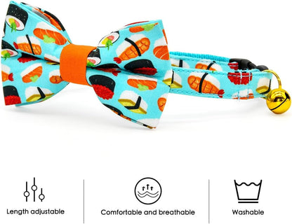 Sushi Cat Collar Bow Tie Set, Breakaway Safety Collar, Wedding/Birthday Bowtie Collar for Kitten