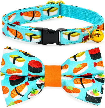 Sushi Cat Collar Bow Tie Set, Breakaway Safety Collar, Wedding/Birthday Bowtie Collar for Kitten